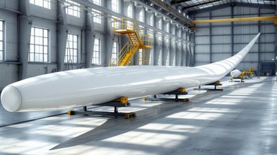 A long white wind turbine blade resting on steel supports inside a bright factory hall