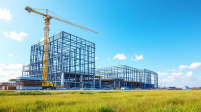 A tower crane beside the steel frame of a large factory under construction on a sunny day