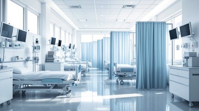 An empty hospital ward with made beds, blue curtains and bedside monitors in soft daylight