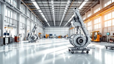 Aircraft engines on stands inside a bright, clean engine maintenance hangar