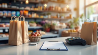 A shop counter with paper bags, a card reader and a blank clipboard in a small grocery store