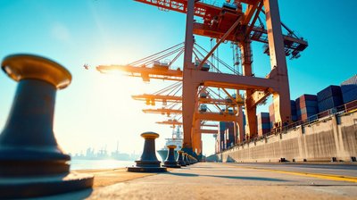 Low angle view of mooring bollards and orange container cranes on a sunny port quay
