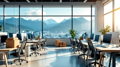 Empty desks and moving boxes in an office with large windows looking out on snowy mountains