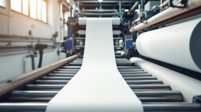 Blank white newsprint running over steel rollers inside a newspaper printing press