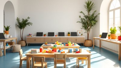 A bright classroom with small wooden chairs, tables of colourful blocks and laptops on a sideboard