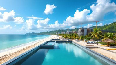 An infinity pool and beachfront hotel blocks under construction with tower cranes on a tropical coast