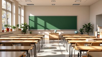 An empty classroom with rows of wooden desks facing a green chalkboard in morning sunlight