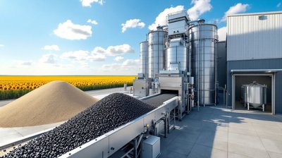 Sunflower seeds on a conveyor beside steel silos and a heap of sunflower meal next to a sunflower field