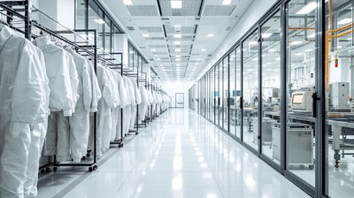 White cleanroom suits on racks beside a glass wall looking into an empty semiconductor fab
