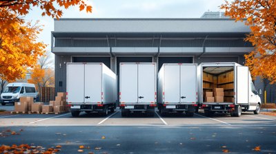 White box trucks backed up to a loading dock with parcels on pallets and autumn trees