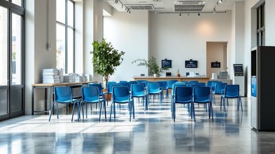 Rows of empty blue chairs facing service desks in a bright public employment office