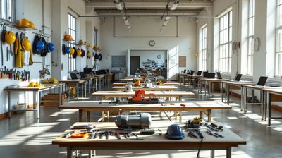 Workbenches with hand tools, a motor and safety helmets in a sunlit vocational training workshop