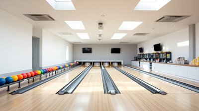 Empty bowling lanes with colourful bowling balls and a snack counter under skylights