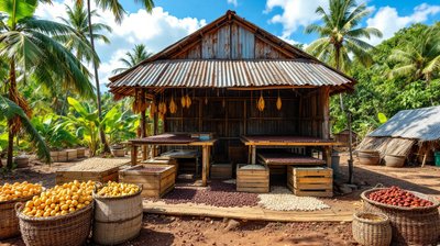 Cocoa beans drying in wooden boxes outside a village fermentary with baskets of cocoa pods