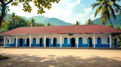 A whitewashed rural school building with blue doors and a red tiled roof under green hills