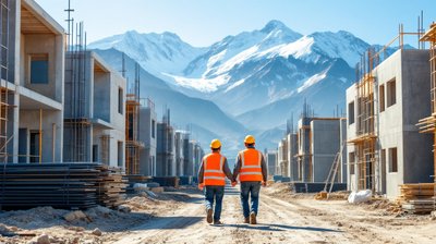 Two construction workers in hard hats walking into a housing site of concrete frames below snow-capped mountains