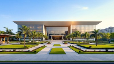 A glass-fronted technology campus with lawns and palm-lined walkways under a clear sky
