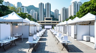 Rows of white career fair booths and tables in a courtyard below tower blocks and green hills