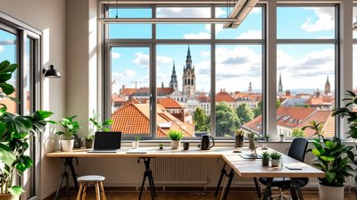 A sunny open-plan office with wooden desks overlooking terracotta rooftops and church spires
