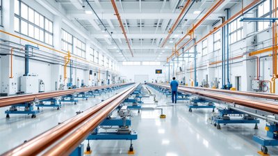 Long copper beamline sections of a particle accelerator in a bright industrial hall