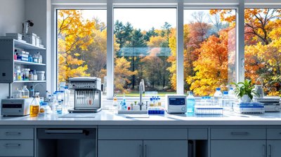 A laboratory bench with pipettes, sample racks and reagent bottles by a window onto autumn trees