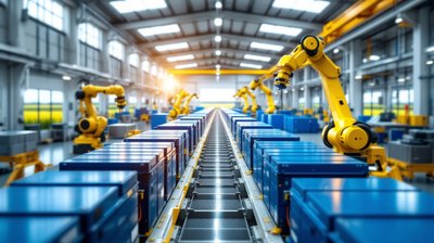Blue battery modules on an assembly line between yellow robotic arms in a bright factory