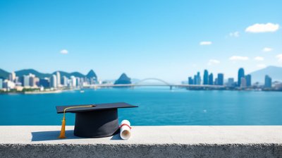 A graduation cap and rolled diploma on a stone ledge by the water with a city skyline behind