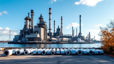 A steel mill with tall stacks on a harbour with rolled steel coils lined up in the foreground