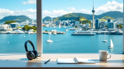 A headset, notepad and mug on a desk by a window overlooking a harbour with sailboats