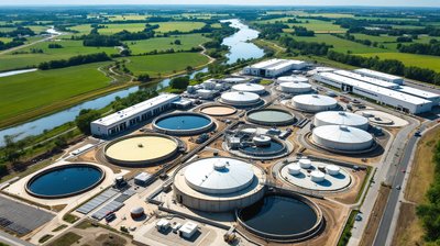 A water treatment plant with round tanks beside long white data center buildings and a river