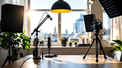 Studio microphones and a camera on a tripod on a wooden desk by a window overlooking London rooftops