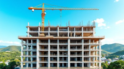 A residential tower block under construction with a yellow crane against green hills and blue sky