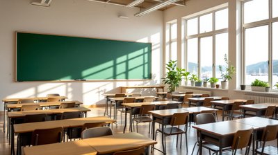 An empty sunlit secondary school classroom with wooden desks and a green chalkboard by windows onto the sea