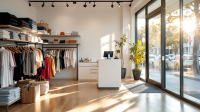 A bright retail store with folded clothes on shelves and garments on rails before opening