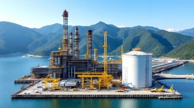 A liquefied natural gas plant with a large storage tank and cranes on a mountain-ringed coastal inlet