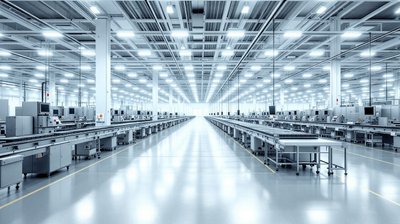 Long rows of automated production lines on a bright battery cell factory floor