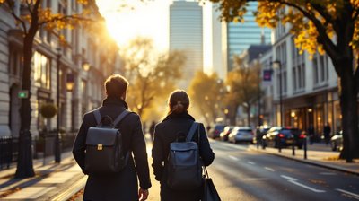 Two young professionals with backpacks seen from behind walking along a City of London street in autumn light