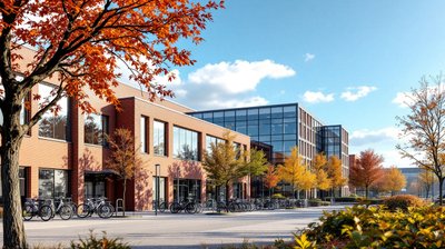 A red brick factory hall and glass office block with bicycle racks and autumn trees under a blue sky