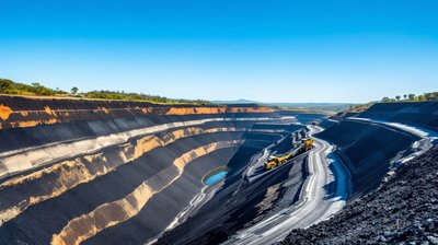 A terraced open-cut coal mine with haul trucks on a winding road under a clear sky