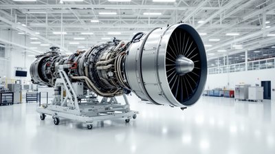 A military turbofan jet engine on an assembly stand in a bright engine manufacturing hall