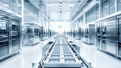 Rows of automated power module assembly machines in a bright semiconductor cleanroom