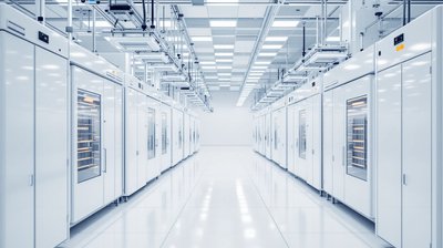 A long aisle of white wafer processing tools in a semiconductor fab cleanroom