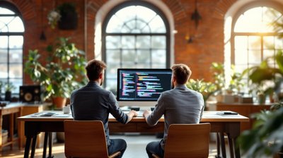 Two engineers working at a desk in a red-brick Belfast office, seen from behind