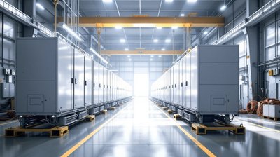 Grid-scale battery storage enclosures lined up in a new factory hall