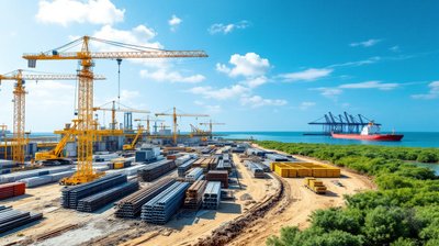 Cranes and steel pipe racks at a coastal refinery construction site with a port behind