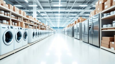 An aisle of washing machines and refrigerators in a large electronics store