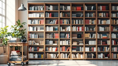 Shelves of foreign-language dictionaries in a reference library with headphones on a cart