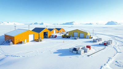 Yellow research station buildings and cargo containers on summer snow in Antarctica