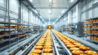 Rows of baked pastries on a conveyor leaving a tunnel oven in a bakery production hall