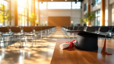A mortarboard and rolled diploma on a table in an empty graduation hall